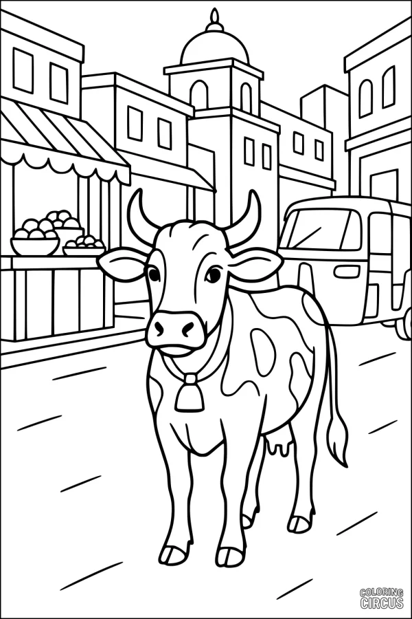 Coloring page of a cow walking through a lively city street with a market stand, buildings, and an auto rickshaw