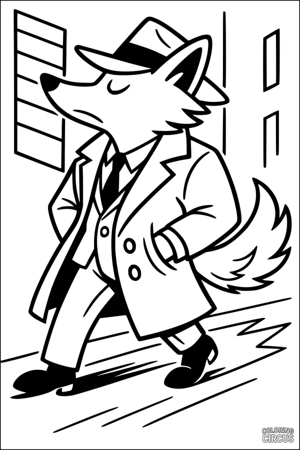 Coloring page of a coyote in a coat and hat strolling through a city street