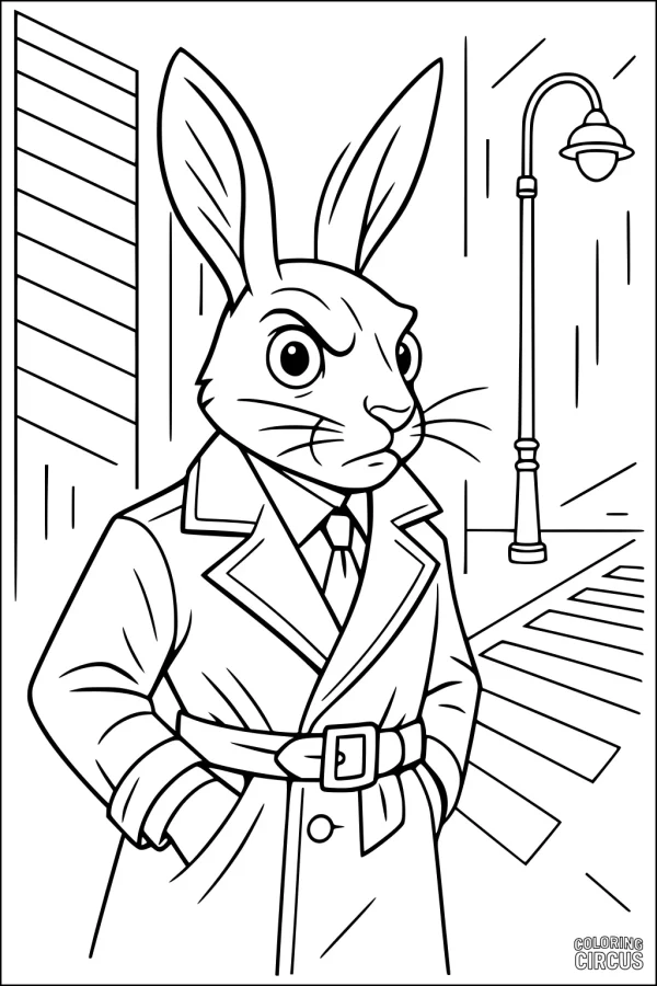 Coloring page featuring a hare wearing a trench coat standing on a city street with lamp post