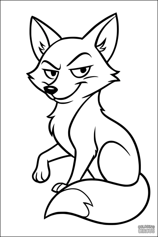 Coloring page shows a cute cartoon fox sitting with a bushy tail and a mischievous smile