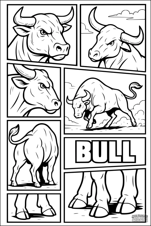 Coloring page featuring comic-style panels of a bull with horns, close-ups, running pose, and strong legs.