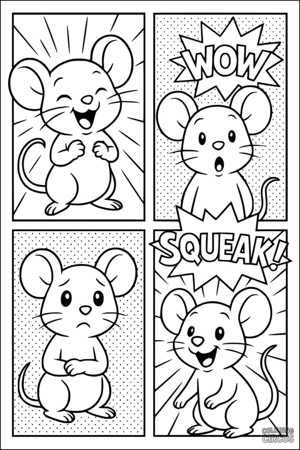 Coloring page featuring cute mouse with four facial expressions in comic strip style