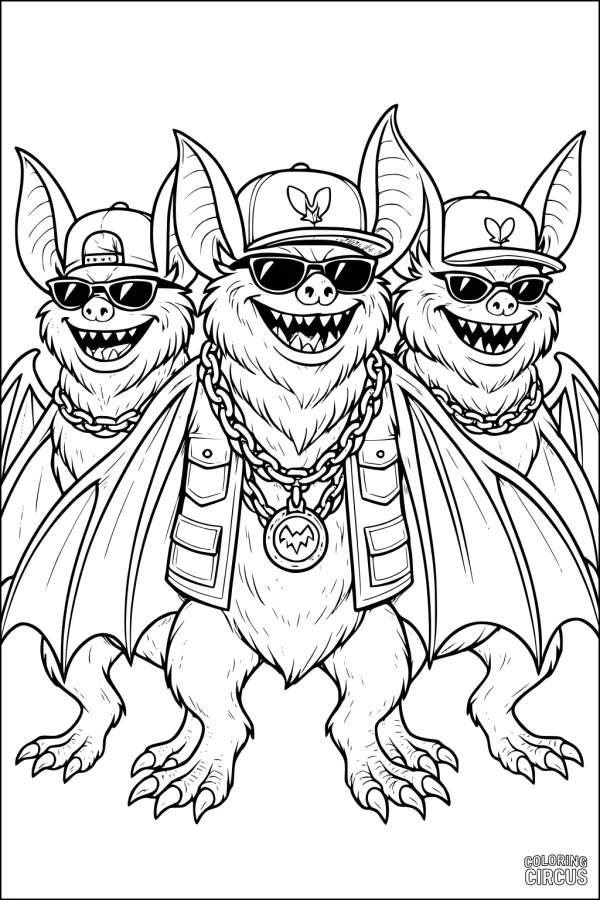 Coloring page featuring three hip bats wearing sunglasses, hats, and chains, standing side by side