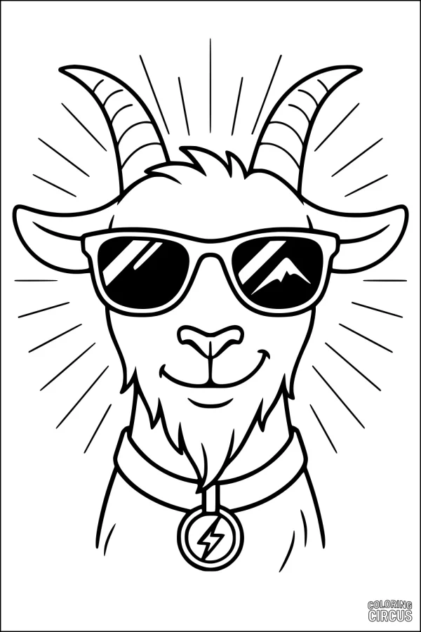 Coloring page featuring a cartoon goat wearing sunglasses and a pendant with a lightning bolt.