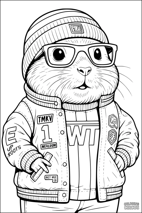 Coloring page of a cartoon hamster wearing glasses, a beanie, and a jacket with patches and details