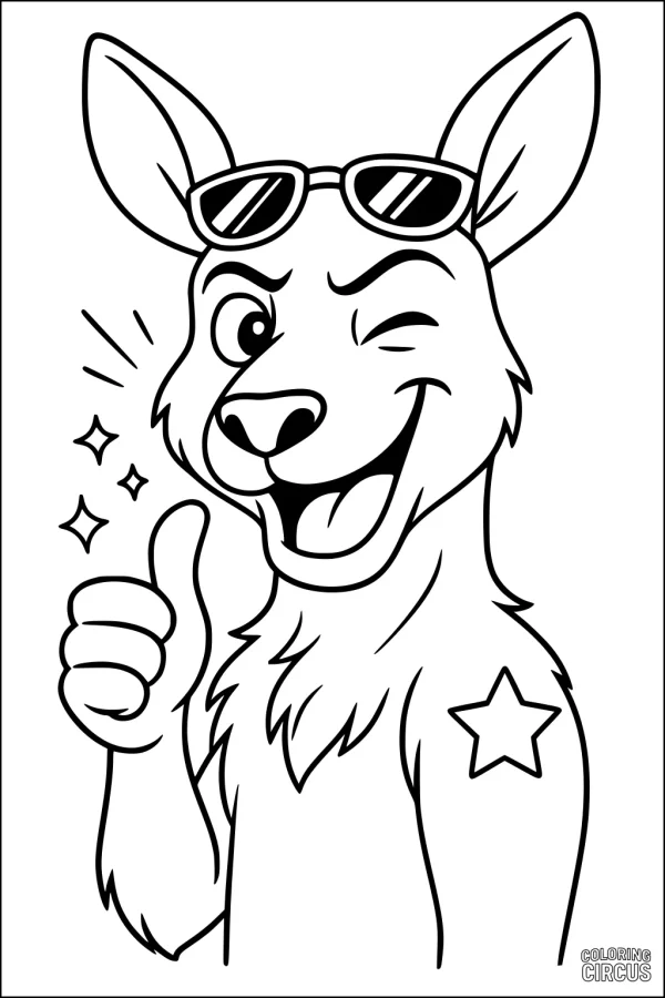 Coloring page of a cartoon kangaroo wearing sunglasses and winking with a thumbs up gesture