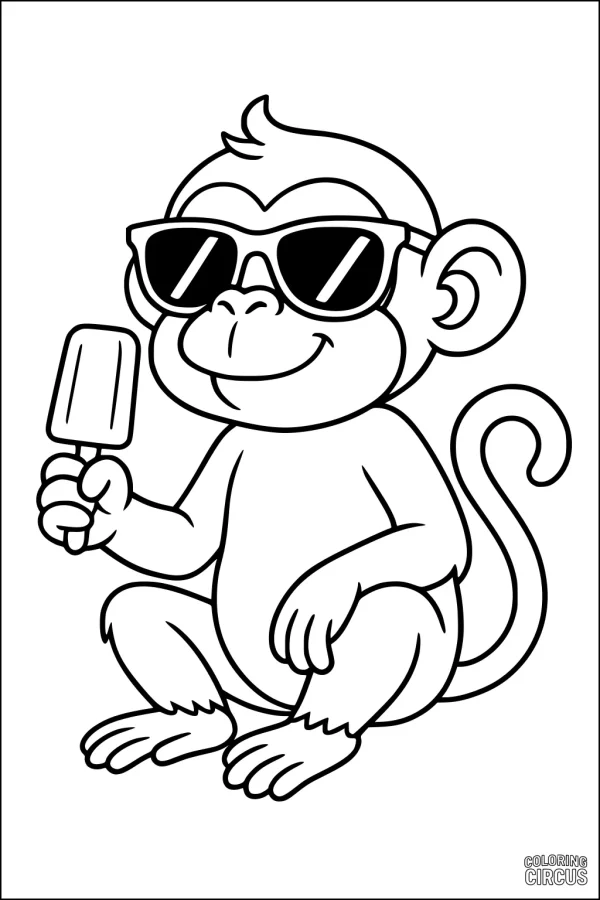 Coloring page of a cartoon monkey wearing sunglasses and holding a popsicle