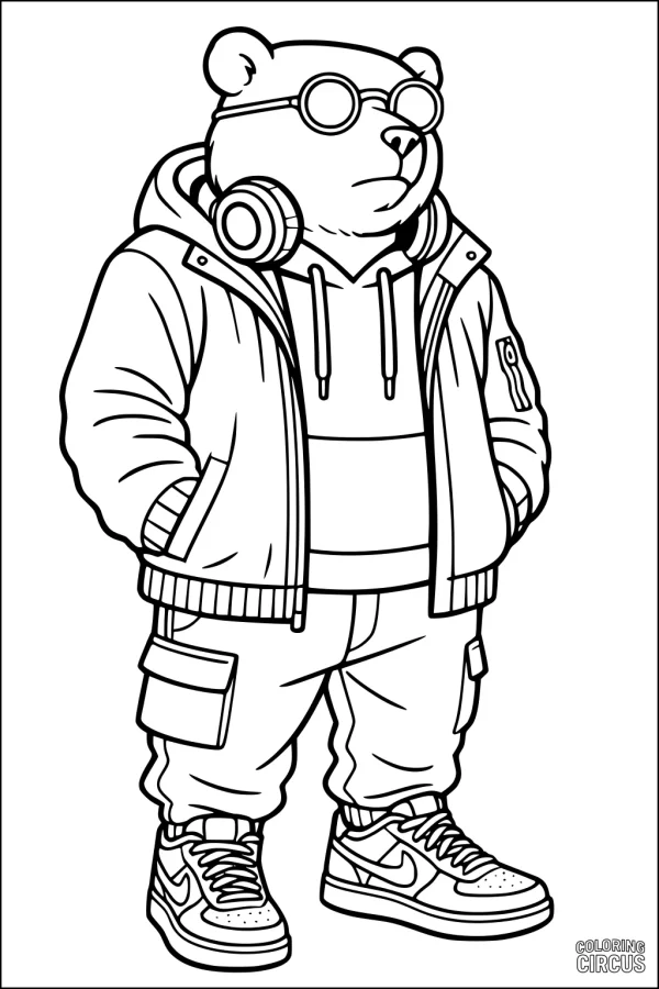 Coloring page featuring a trendy bear wearing glasses, headphones, a hoodie, jacket, cargo pants and sneakers