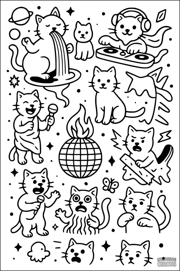 Coloring page with playful cartoon cats in funny space and disco scenes