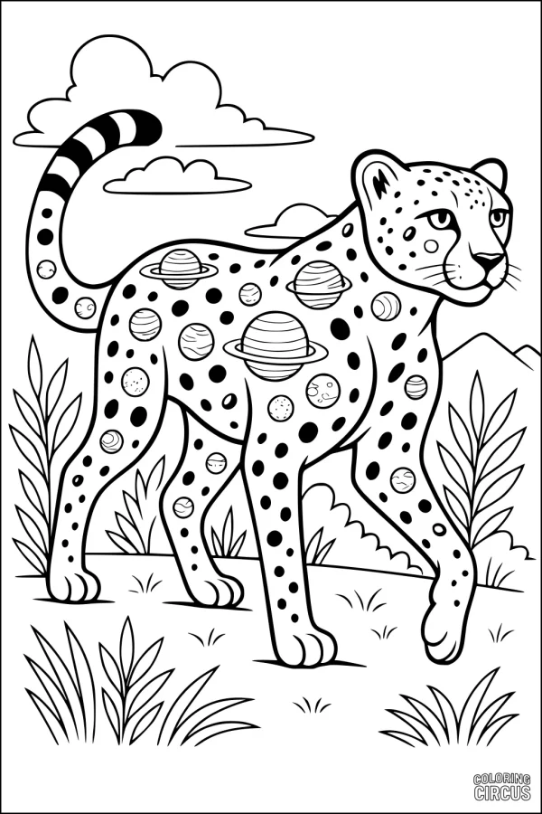 Coloring page of a cheetah with planet-shaped spots in a grassy field, under clouds