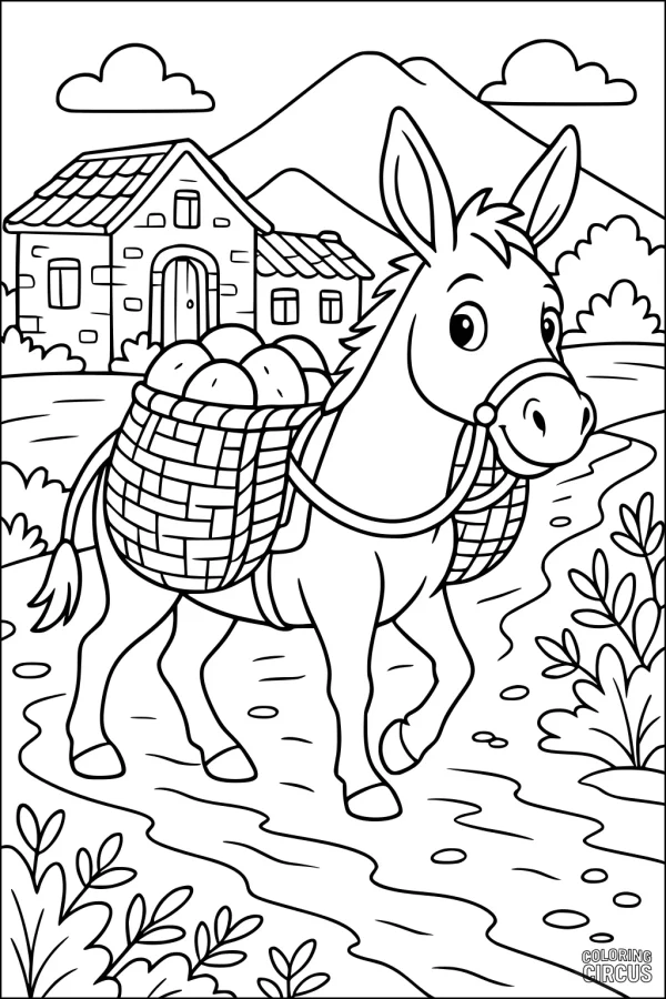 Coloring page of a cute donkey carrying baskets beside a country house and hills