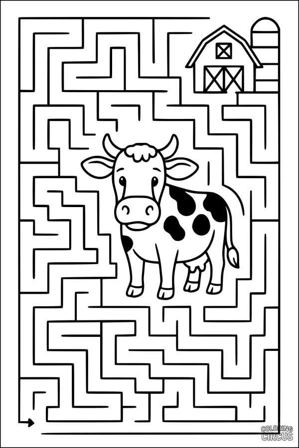 Coloring page of a cute cow standing in a farm maze with a barn in the background