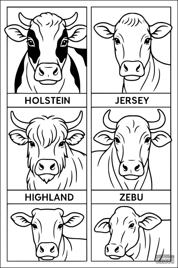 Coloring page with four cow breeds: Holstein, Jersey, Highland, and Zebu, each labeled and shown from the front.