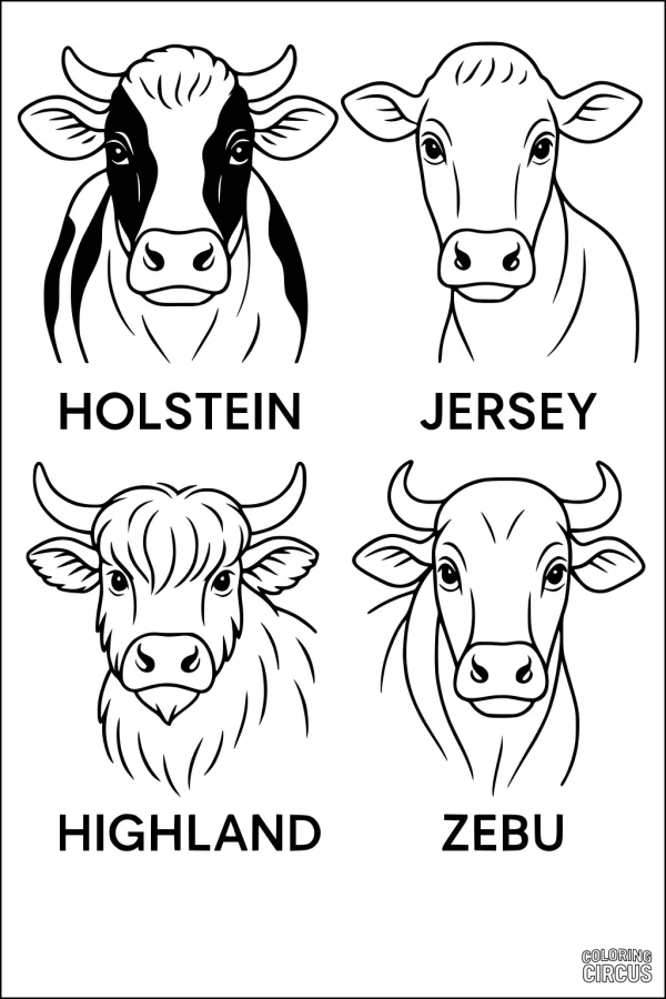 Coloring page showing four different cow breeds: Holstein, Jersey, Highland, and Zebu, each with labeled names.