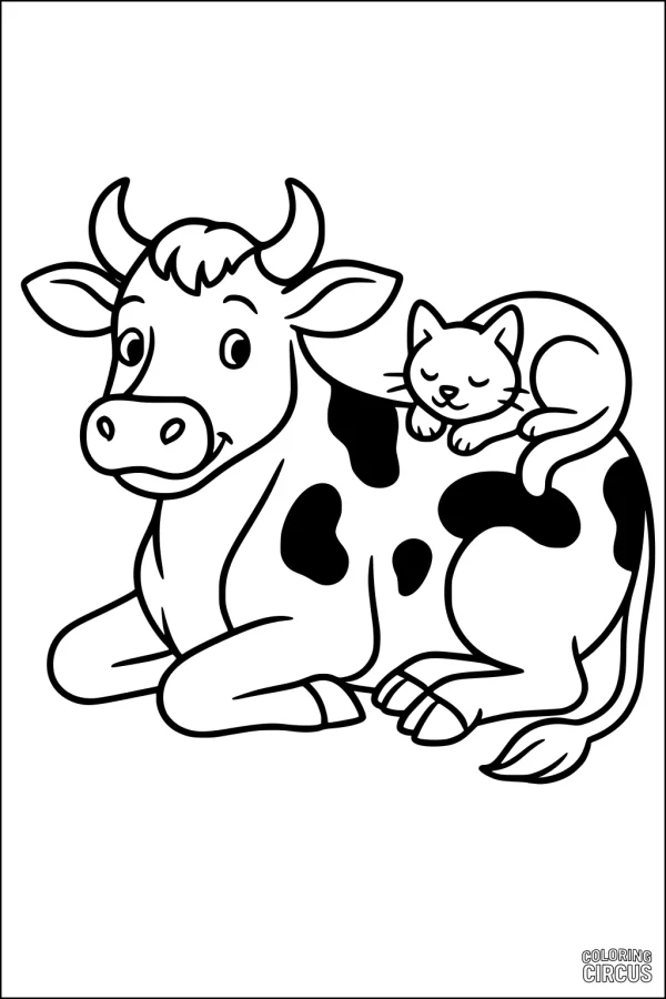 Coloring page featuring a friendly cow lying down with a cat peacefully sleeping on its back, cartoon farm animals scene