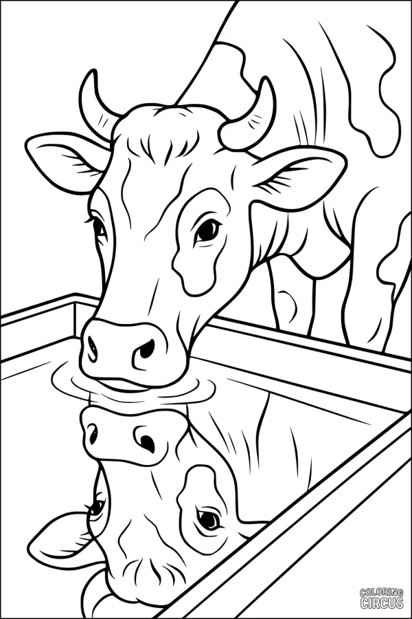 Coloring page of a cow drinking water with a reflection in the trough, farm animal drawing