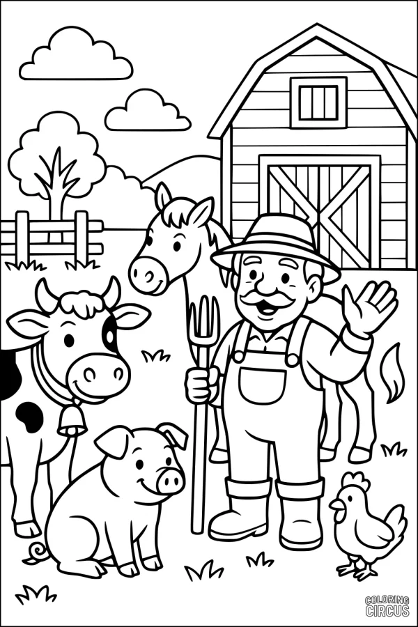 Coloring page showing a happy cow, pig, horse, chicken, and farmer in front of a barn