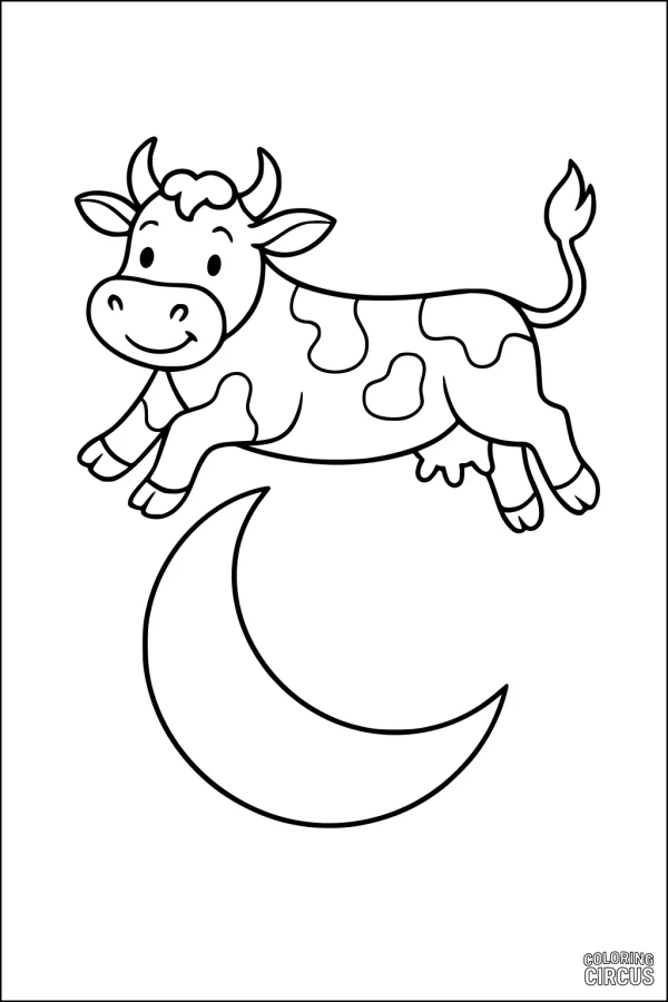 Coloring page featuring a smiling cartoon cow jumping over a crescent moon