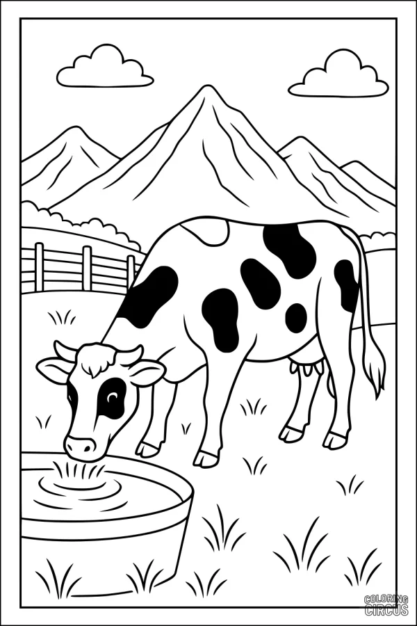Coloring page of a cartoon cow drinking water near a mountain landscape
