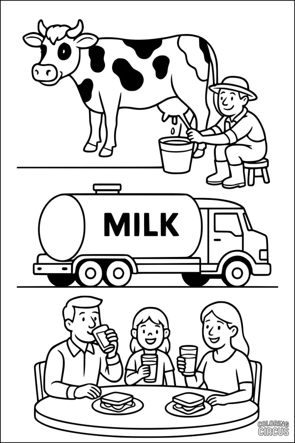 Coloring page showing a cow being milked by a farmer, a milk truck, and a family enjoying breakfast together