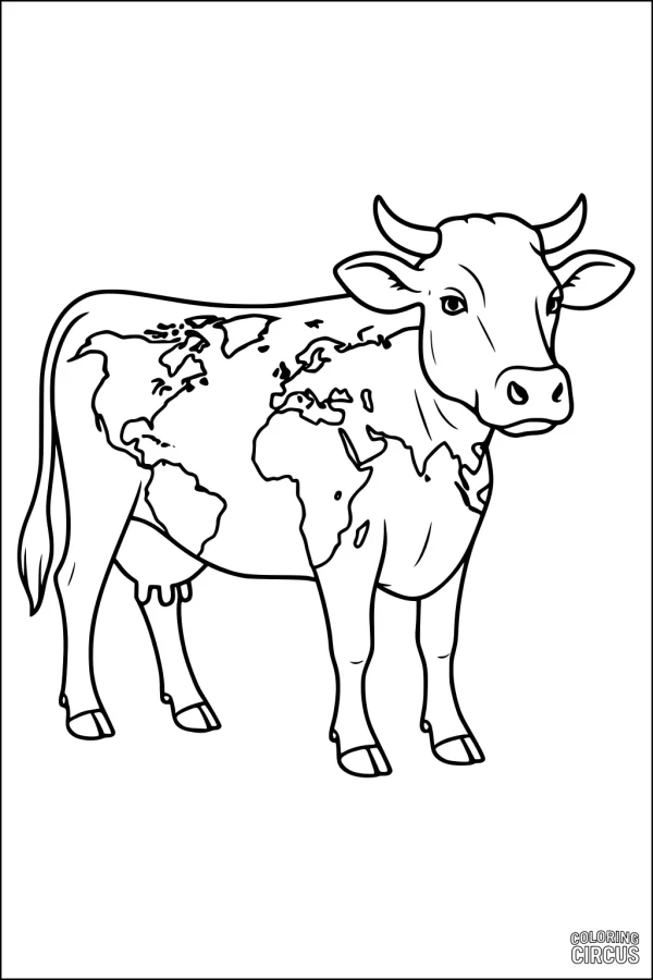 Coloring page of a cow with a map of the world on its body
