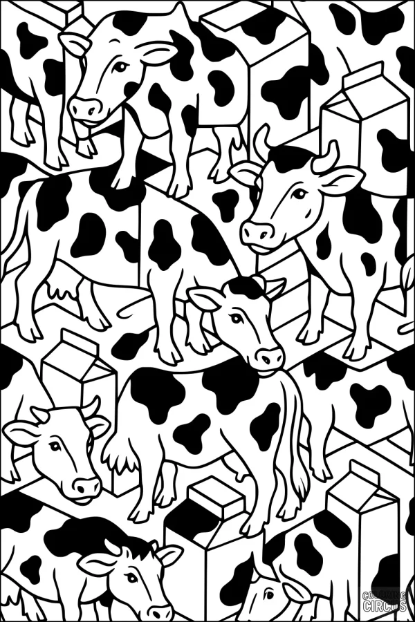 Coloring page with multiple cartoon cows and milk cartons, detailed patterns