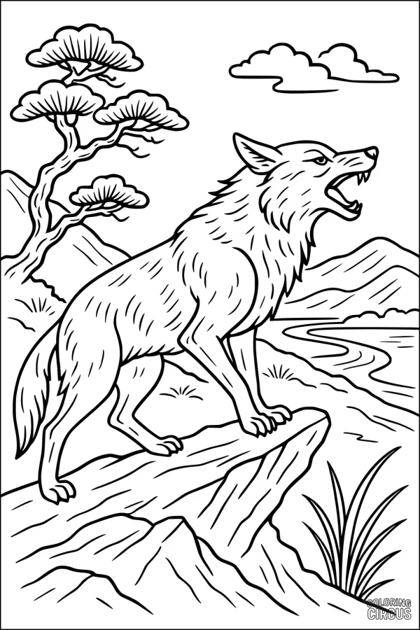 Coloring page showing a coyote howling on a rock in a scenic desert landscape with trees, mountains, and a winding river.
