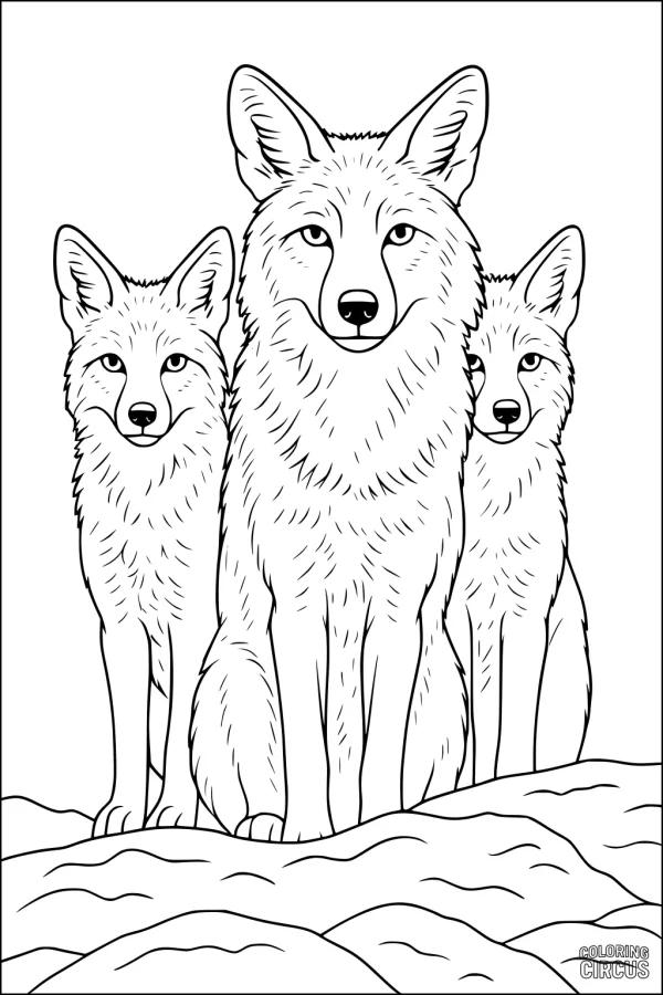 Coloring page showing a family of three coyotes sitting together on a hill