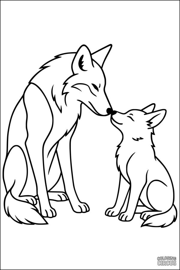 Coloring page featuring a parent and child coyote nuzzling noses, friendly wildlife family scene