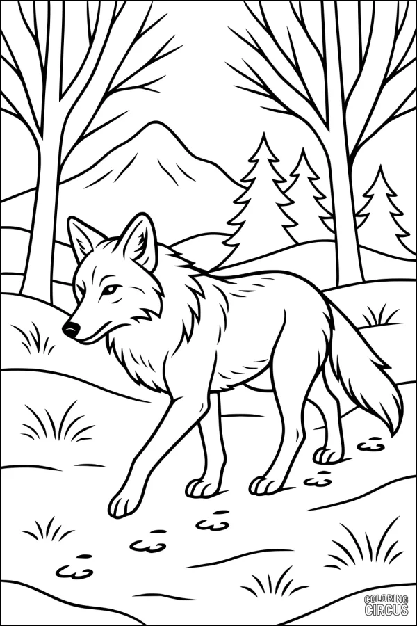 Coloring page of a coyote walking through a forest with mountains in the background