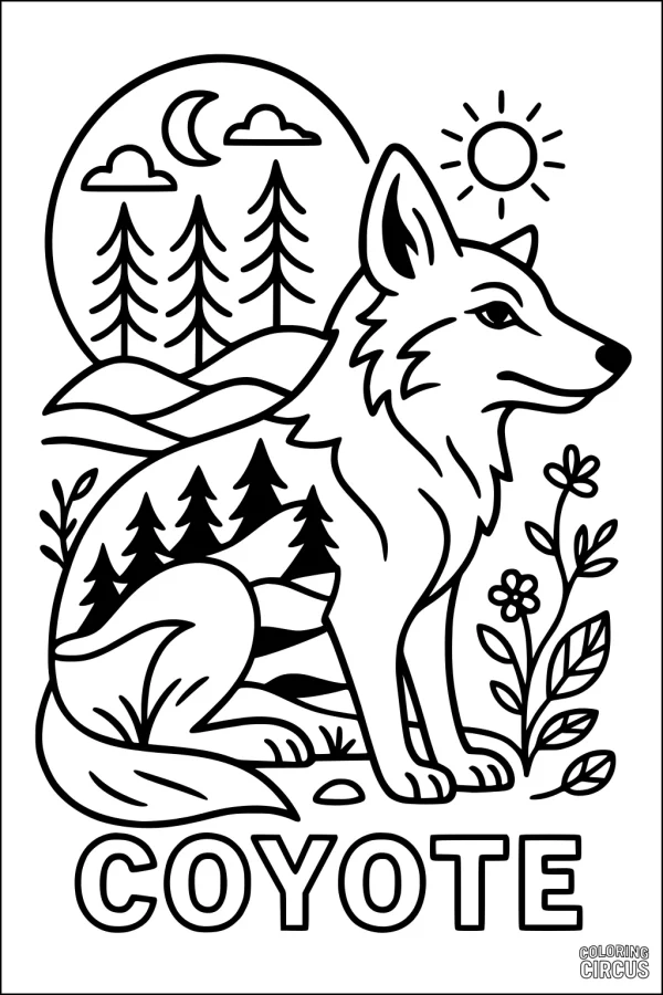 Coloring page with a friendly coyote, pine trees, sun, and moon in a forest landscape