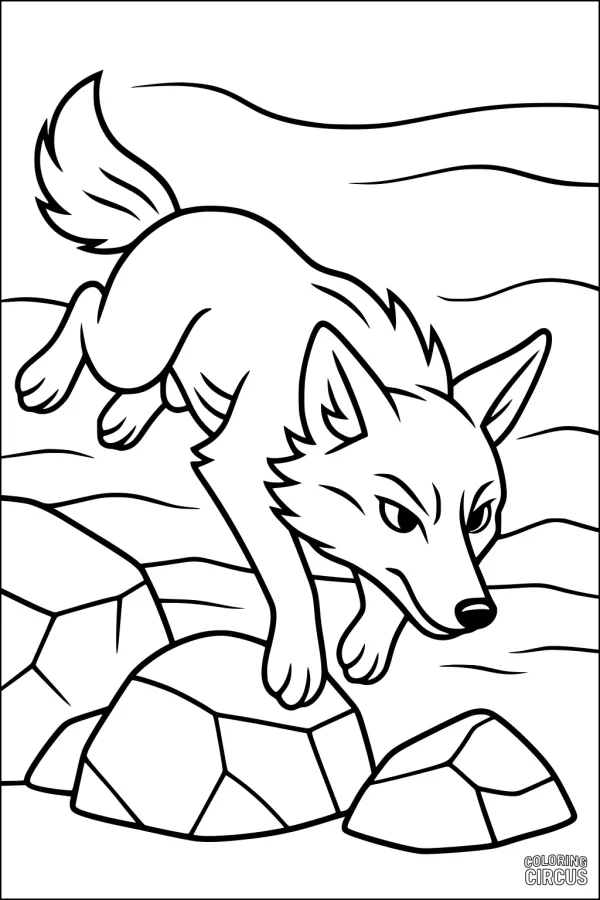 Coloring page featuring a coyote leaping over rocks in a riverbed with wavy lines in the background