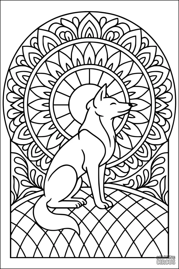Coloring page featuring a coyote sitting under a decorative mandala sun with floral patterns