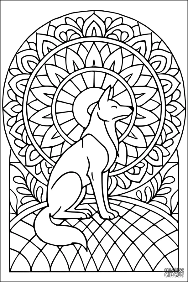 Coloring page featuring a sitting coyote in front of a detailed mandala sunburst background