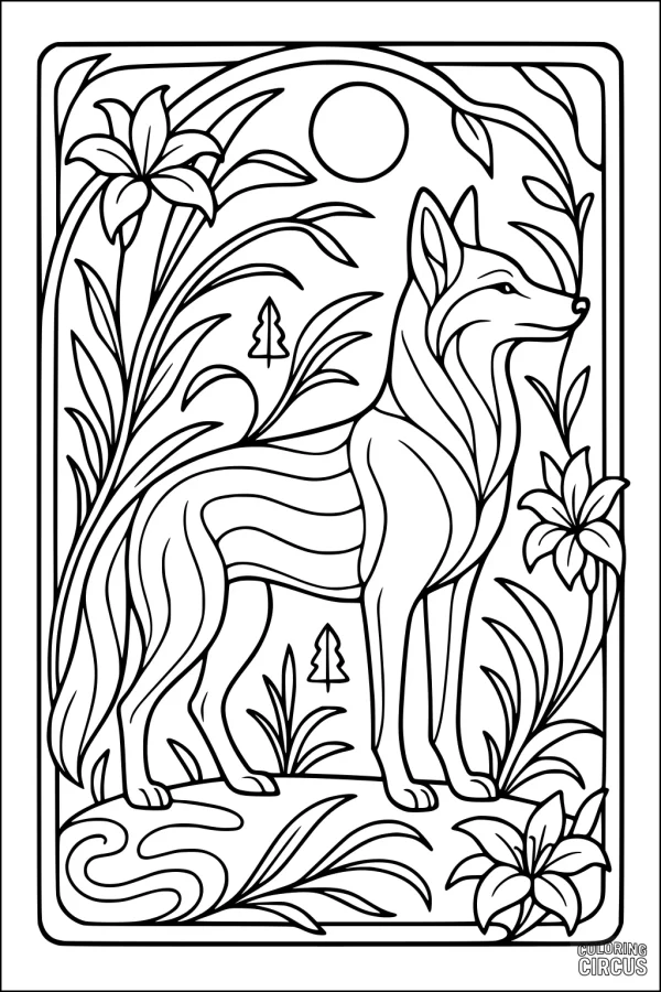 Coloring page of a coyote standing among wildflowers, plants, and trees under the sun