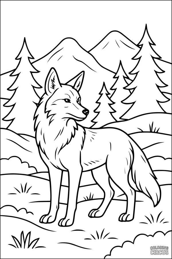 Coloring page featuring a coyote standing in a mountain forest with pine trees and hills in the background
