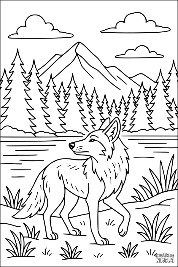 Coloring page showing a coyote near a lake with pine trees and mountains in the background