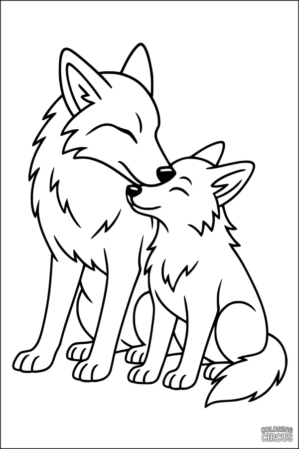 Coloring page with a parent and baby coyote snuggling together