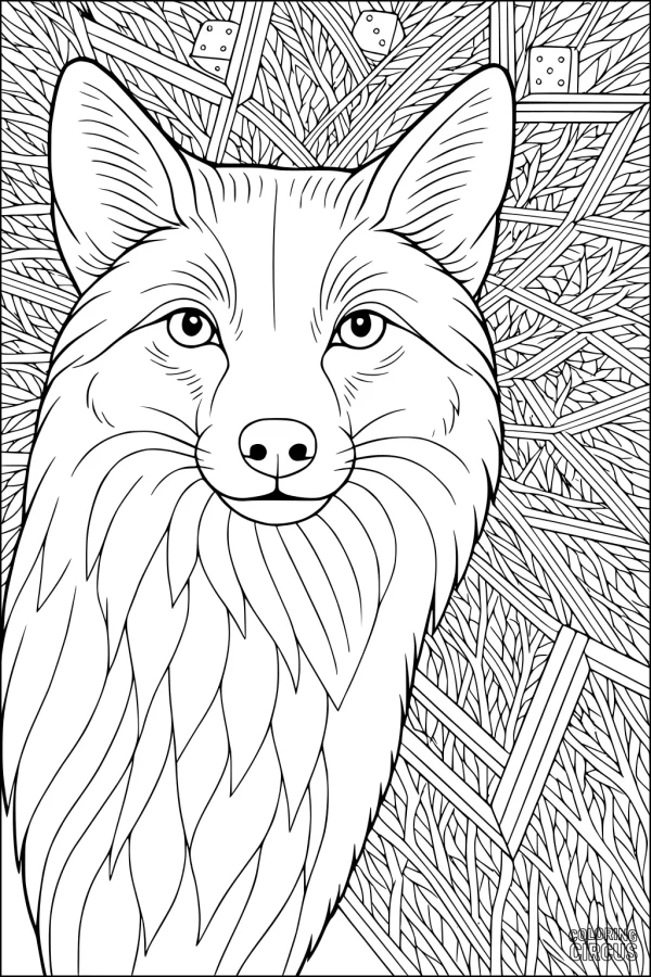 Coloring page featuring a detailed coyote face surrounded by intricate grasses and branches