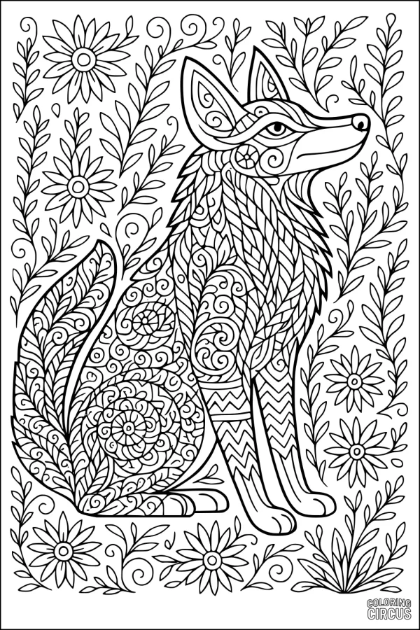 Coloring page featuring a patterned coyote surrounded by wildflowers and leaves