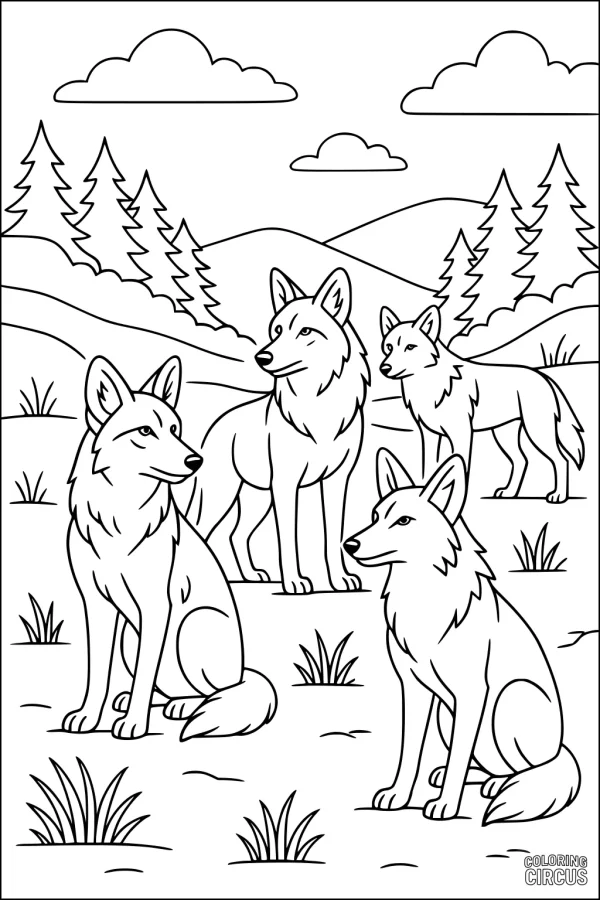 Coloring page with four coyotes sitting and standing in a grassy meadow, surrounded by pines and hills