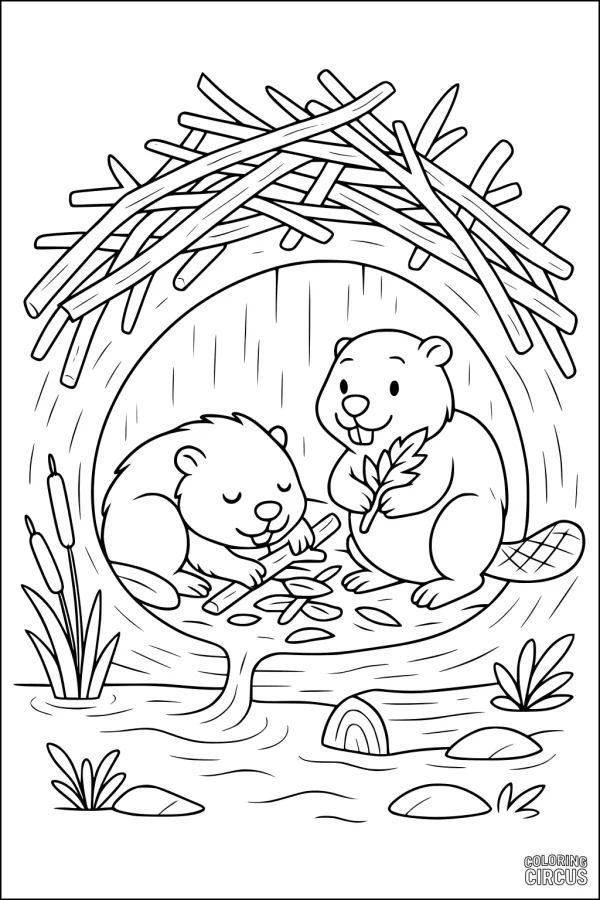 Coloring page two beavers inside their stick lodge by a stream, with cattails and rocks nearby
