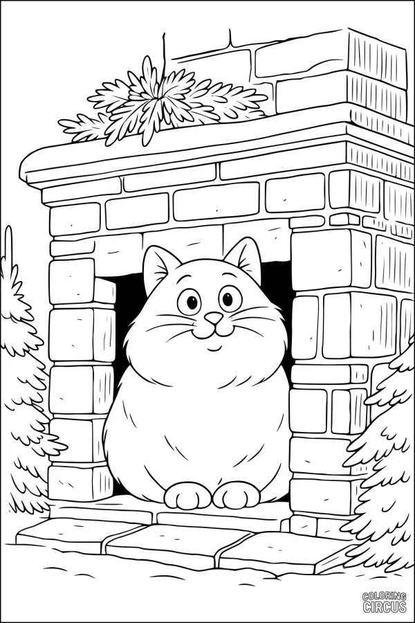 Coloring page of a cute cat sitting inside a stone fireplace surrounded by pine trees