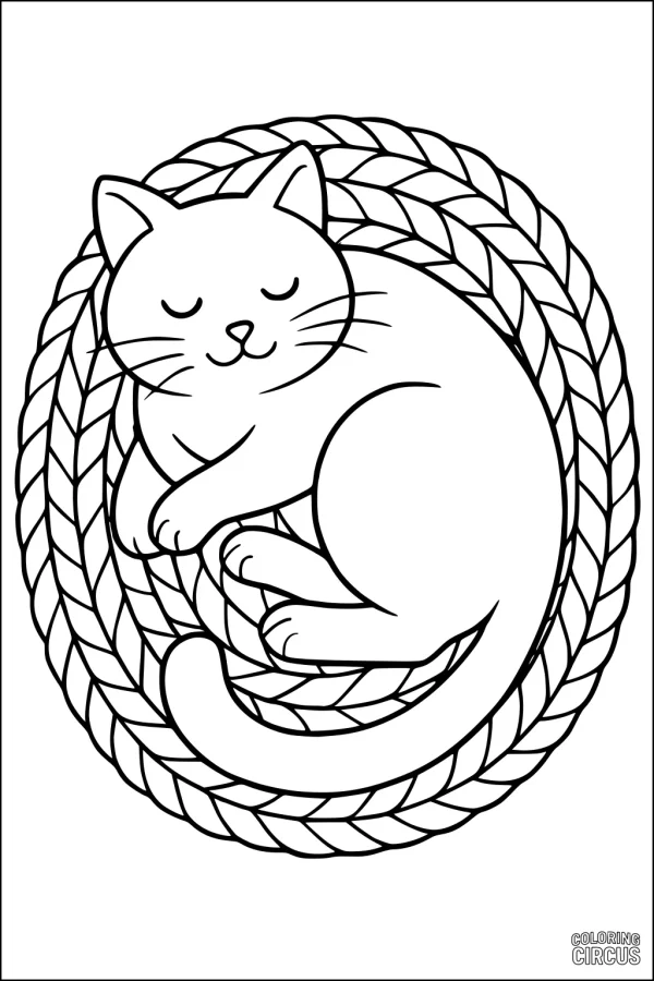 Coloring page of a cute cat sleeping on a braided mat