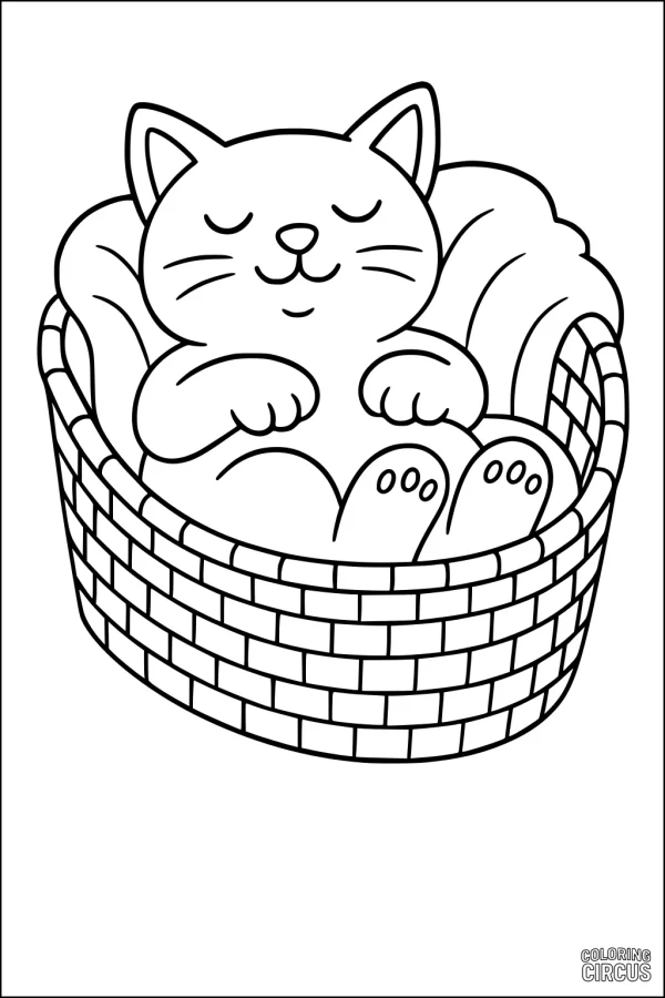 Coloring page showing a cute cat sleeping in a woven basket with a pillow