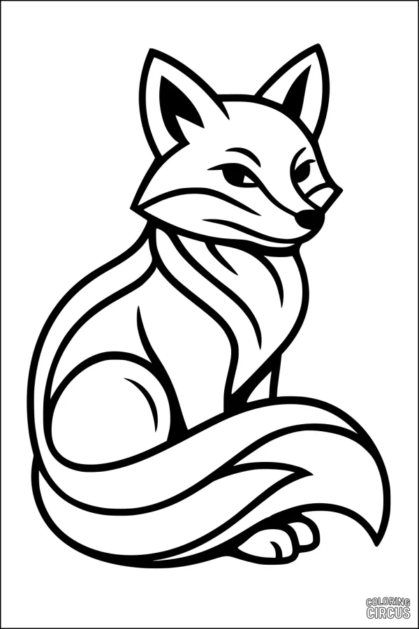 Coloring page featuring a cute fox sitting with a curled fluffy tail, broad outlines and stylized features