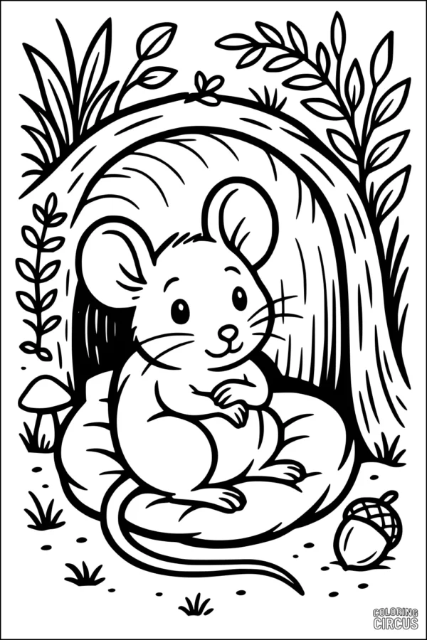 Coloring page of a cute mouse sitting at the entrance of a leafy burrow, surrounded by plants, mushrooms, and an acorn