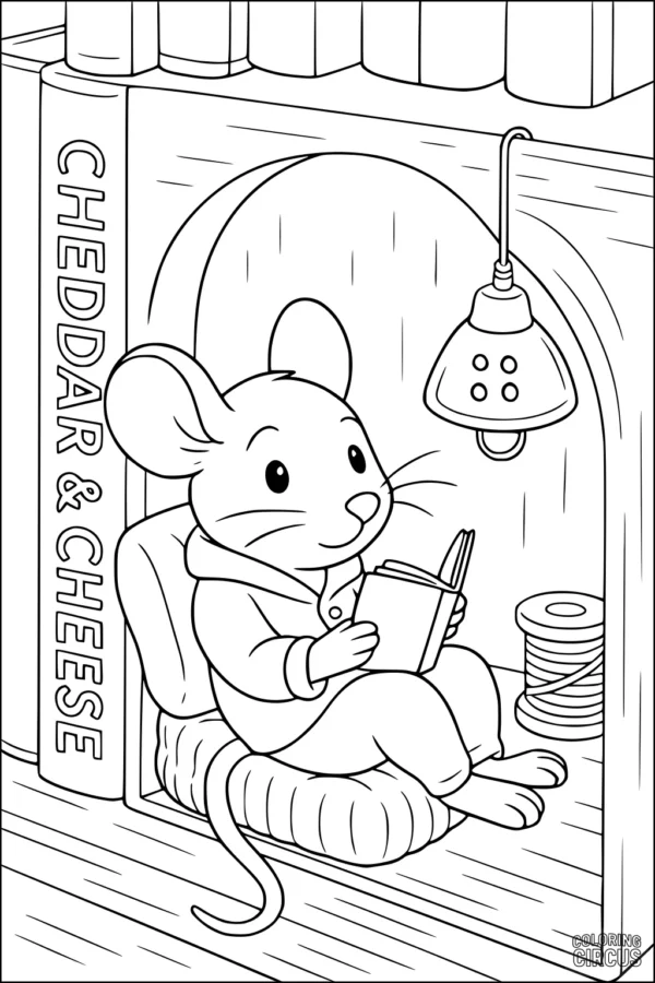 Coloring page featuring a cute mouse sitting in a cozy nook, reading a book by a lamp, with books and thread in the background.
