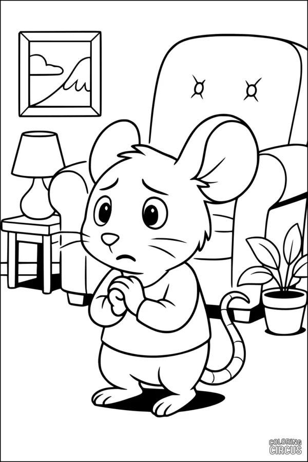 Coloring page with a cute nervous mouse in a living room with chair, lamp, and plant