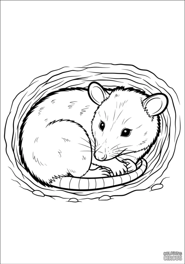 Coloring page of an opossum curled up in a nest